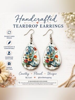 Floral Cowgirl Boot Teardrop Earrings | Handmade Western Dangle Earrings